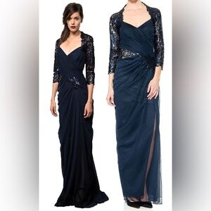 Tadashi Shoji / navy blue tulle draped long sleeve sequin lace gown dress 10